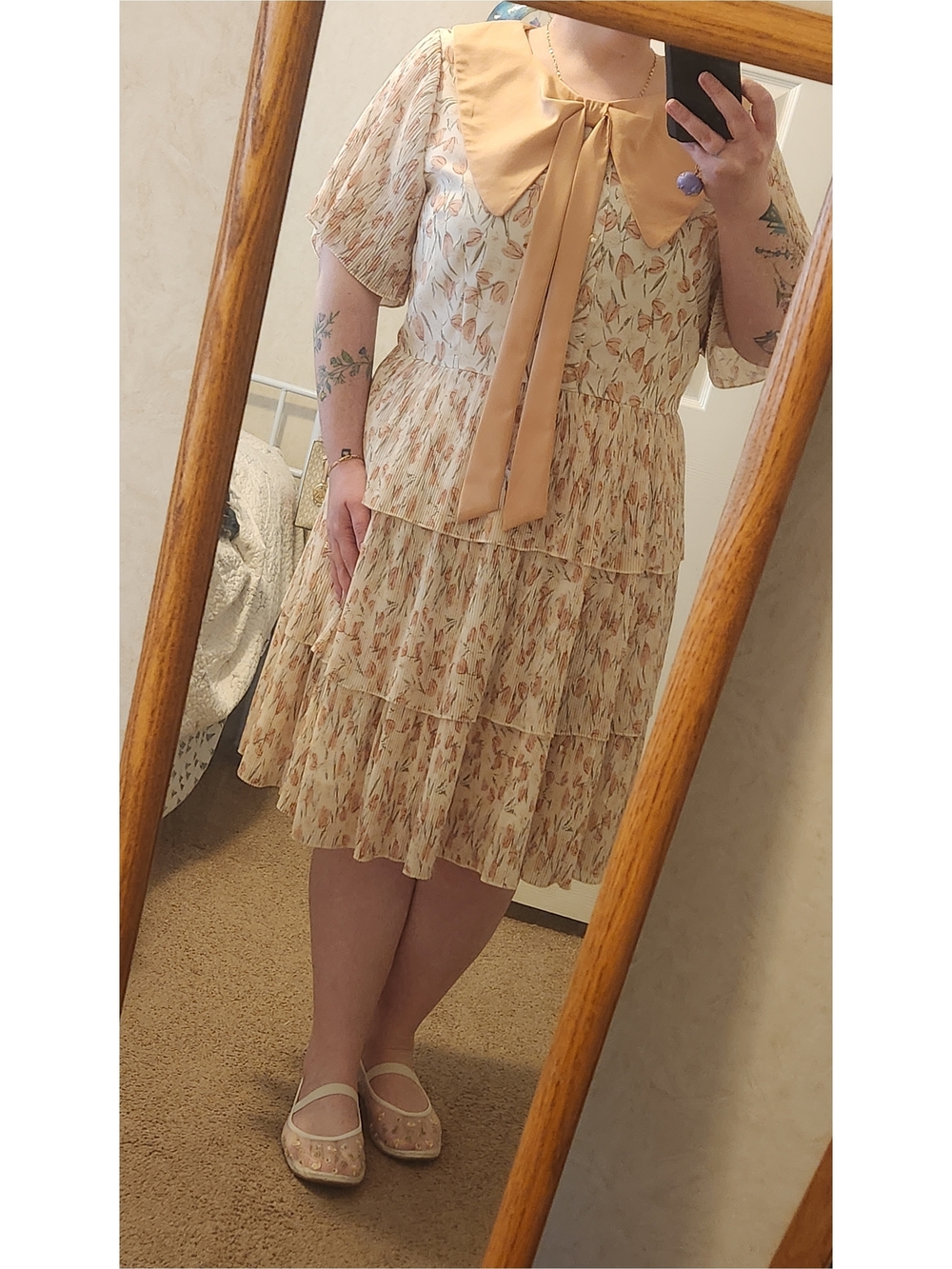 Ivy City Co Peach Floral Tiered Midi Dress with Bow Collar